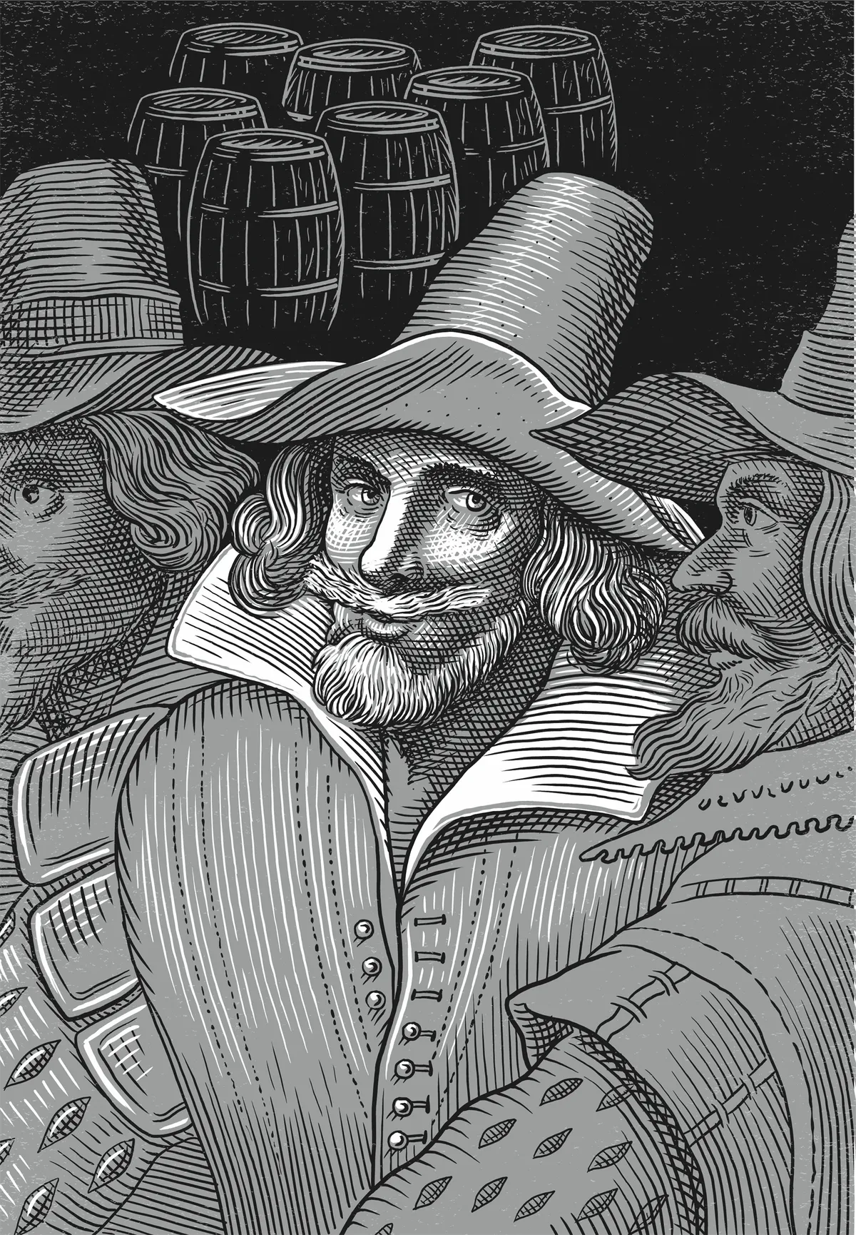 © Historic Royal Palaces Black and white stylised illustration of Guy Fawkes by illustrator Iain McIntosh, originally created for graphic interpretation panels at the Tower in 2019-2020.